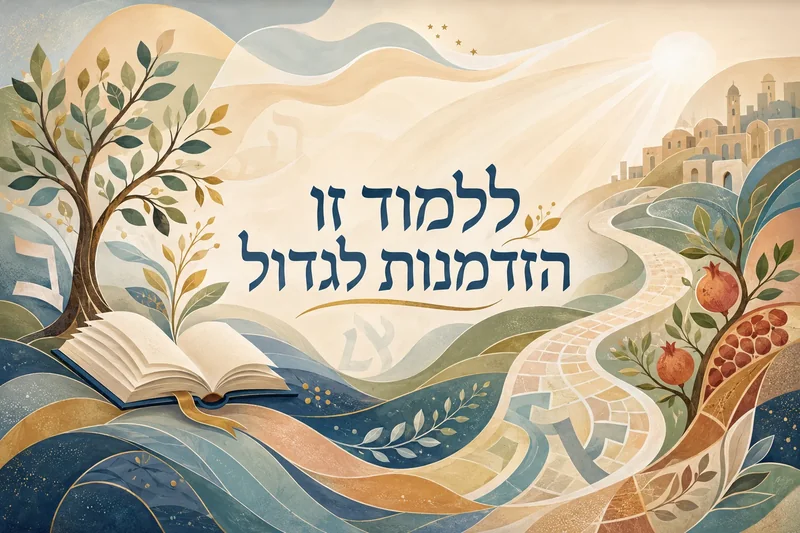 ספר פתוח עם עץ ושביל מתפתל לכפר שטוף שמש בצבעים כחול, בז' וירוק, סגנון איורי.