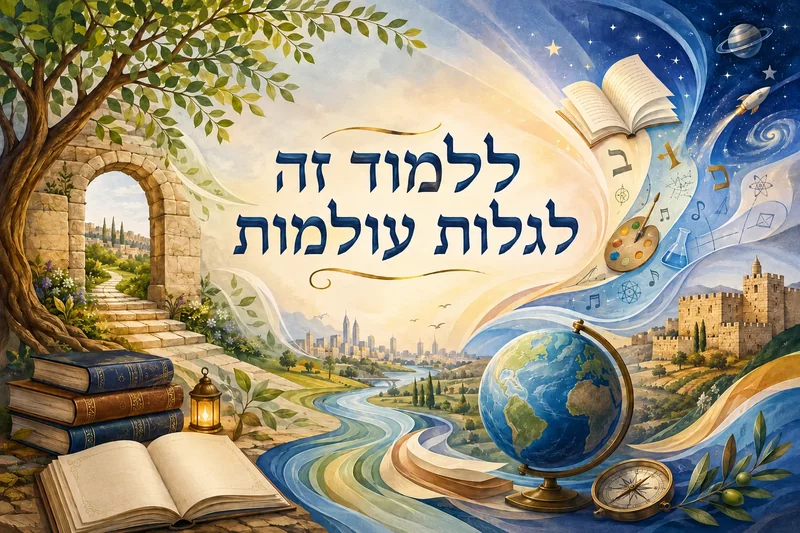 עיצוב מאויר עם ספר פתוח, גלובוס ומצפן על רקע נוף טבעי עם קשת אבן ועץ.