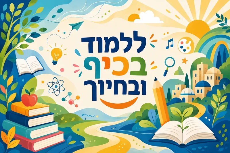 ספרים וצמח פתוח על רקע אלמנטים טבעיים צבעוניים כמו עצים וגבעות, בצבעים כחול, ירוק וצהוב.