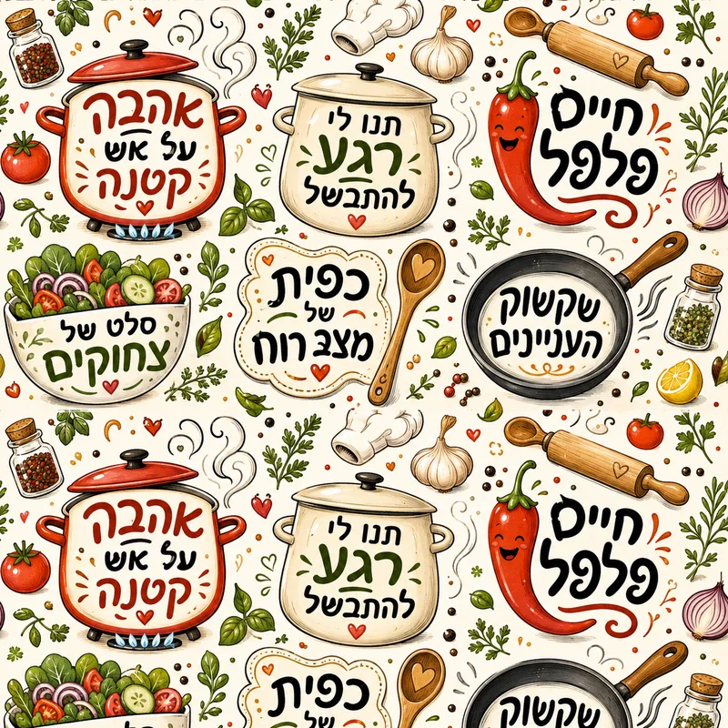ביטויים הומוריסטיים בעברית בנושא בישול עם מוטיבים קולינריים, טיפוגרפיה קלילה וצבעים עדינים