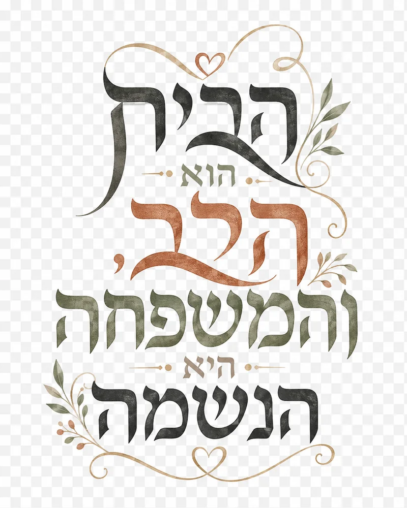 טיפוגרפיה עברית עם צבעים מעודנים וטקסטורות עדינות, מבטאת אמירה על בית ומשפחה