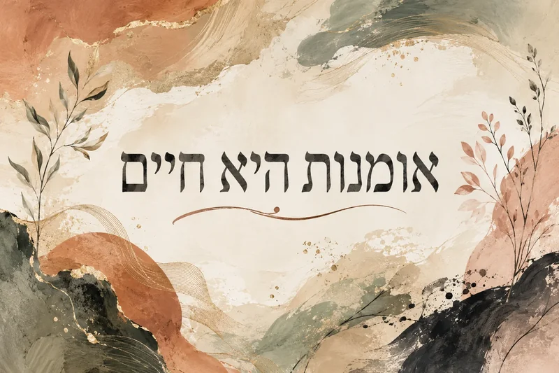 עלווה מופשטת עם עלים בגוונים ירוקים וחומים בסגנון צבעי מים, טקסט עברי בגוונים ארציים.