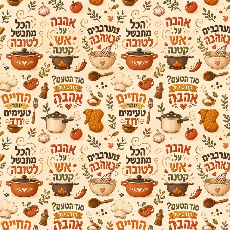 סידור טיפוגרפי עברי עם משחקי מילים ואייקונים קולינריים בצבעים חמימים
