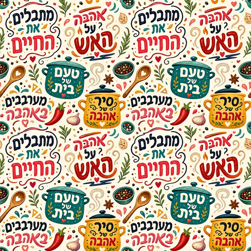 טיפוגרפיה עברית בצבעים עזים וצורות דינמיות, מבטאת את עולם הבישול וההומור.
