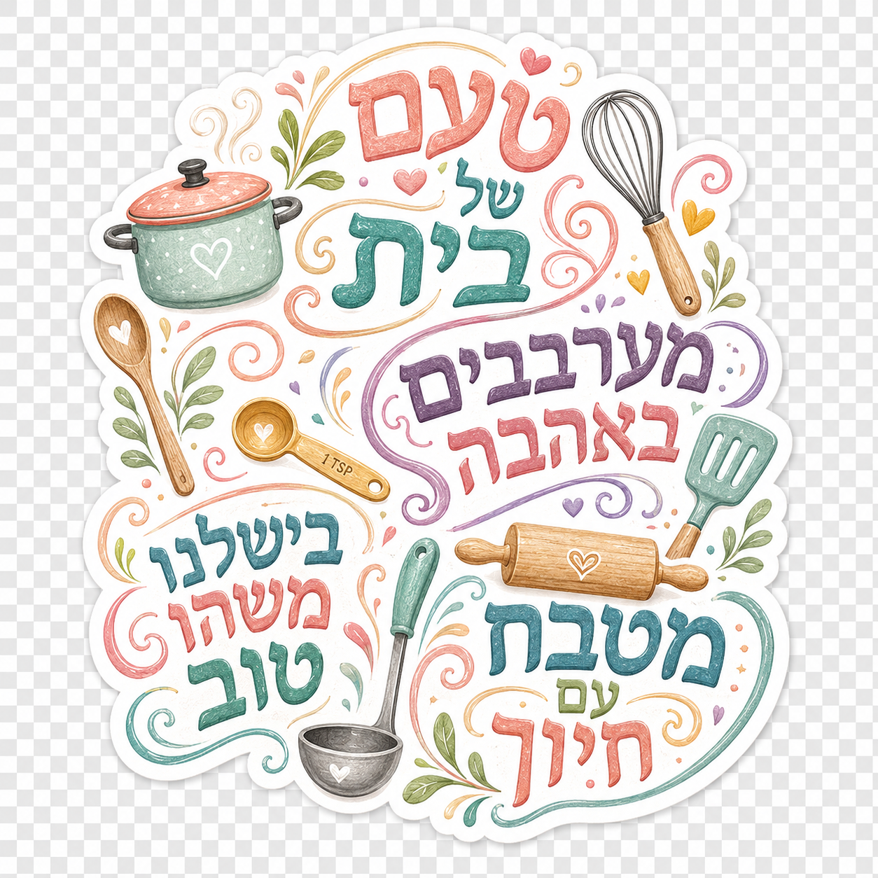 עיצוב טיפוגרפי עברי עם איורי כלי מטבח בגווני פסטל על קנבס מרקמי.