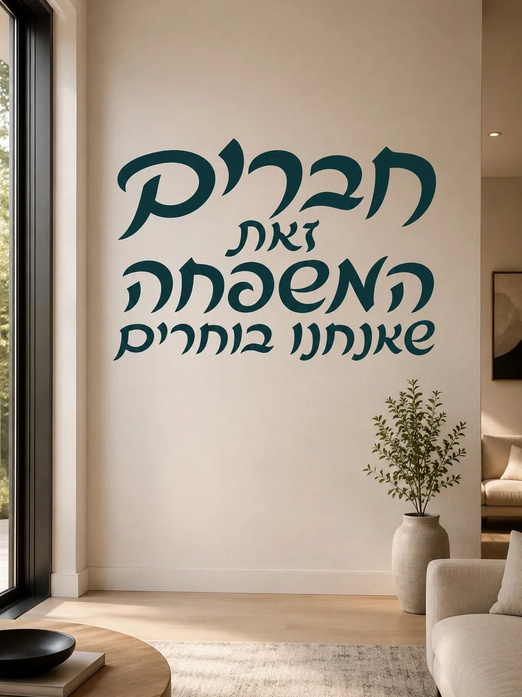 מדבקת קליגרפיה עברית שחורה על קיר בחדר עבודה עם שולחן עץ וספרים