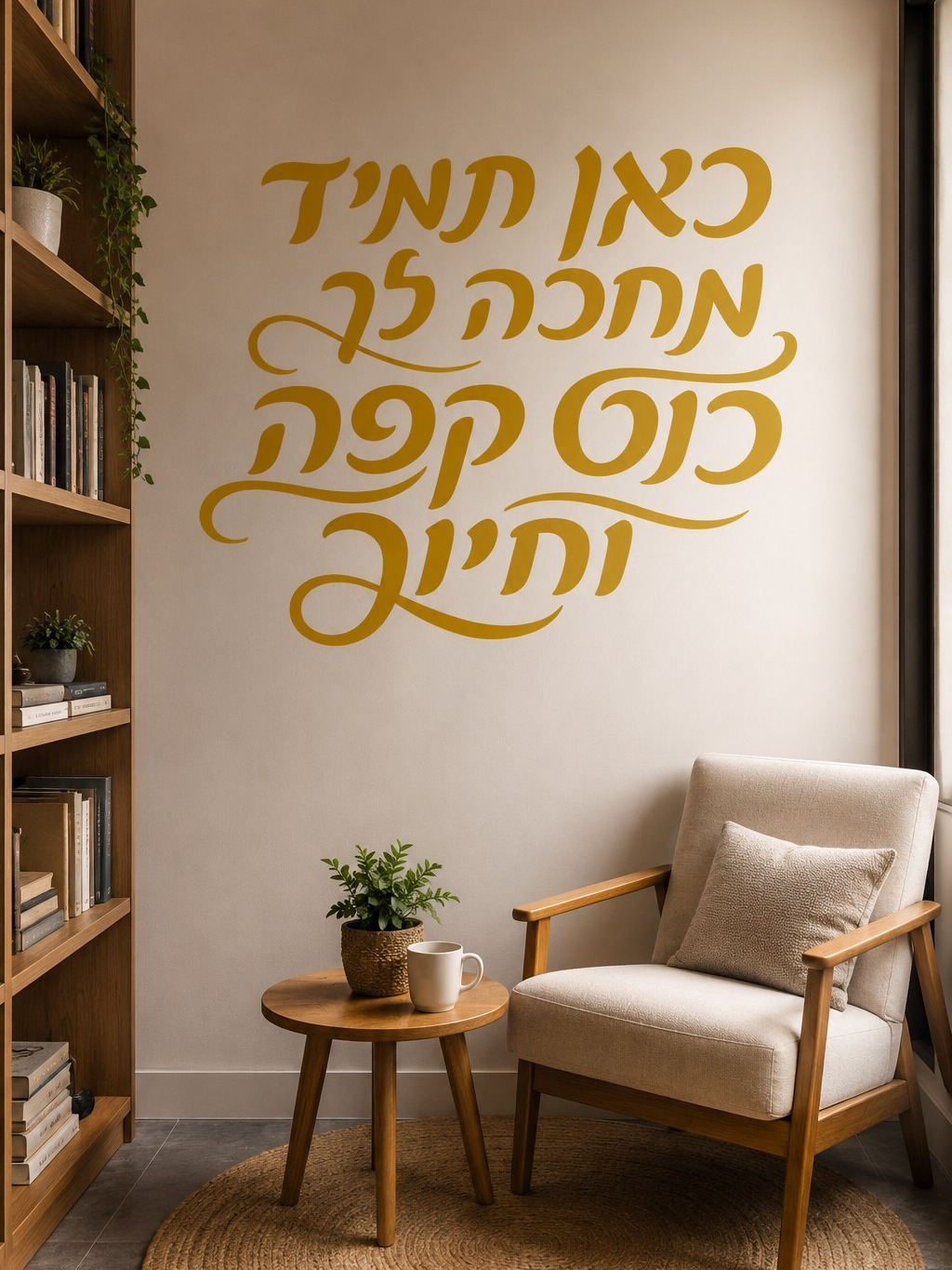מדבקה עם טקסט 'כאן תמיד מחכה לך כוס קפה וחיוך' על קיר במטבח מודרני עם שולחן וכיסאות מעץ אורן.