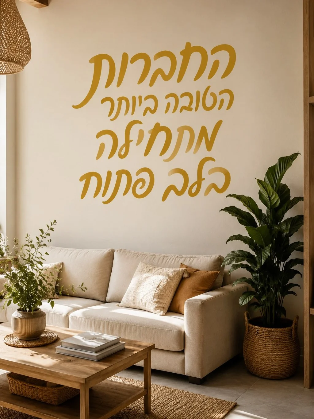 מדבקת טקסט עברי בשחור על קיר לבן בסלון מעוצב עם תאורה רכה וצמחיה ירוקה.
