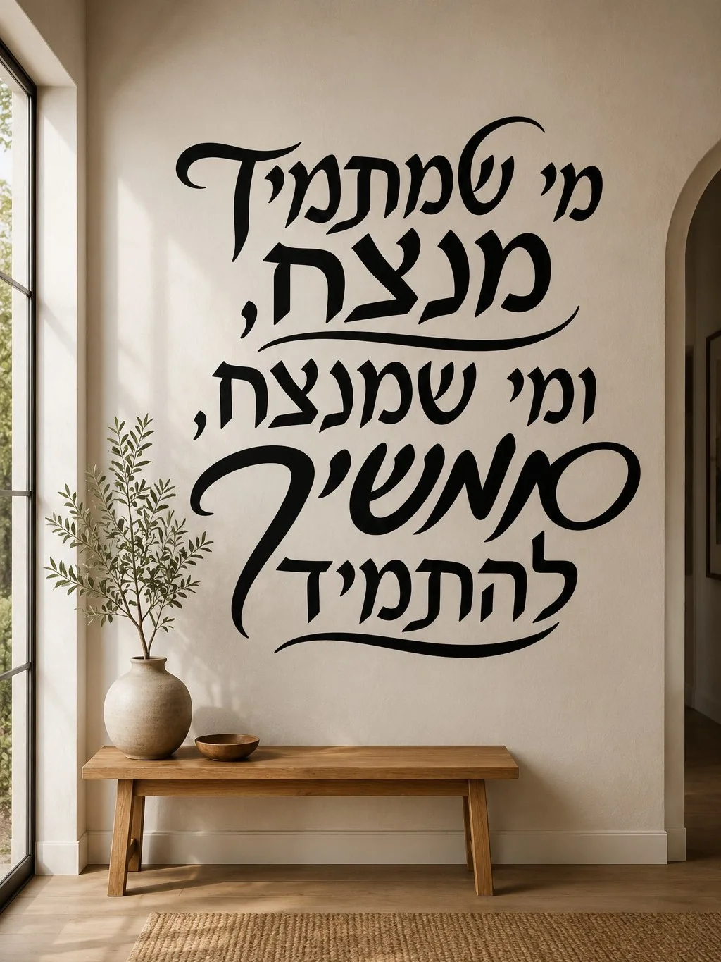 מדבקת קליגרפיה עברית על קיר חדר עם ריהוט מודרני ותאורה רכה