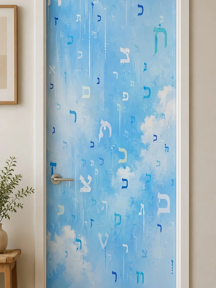 אותיות עבריות בסגנון מודרני על רקע כחול, מתמזגות בטפט לדלת
