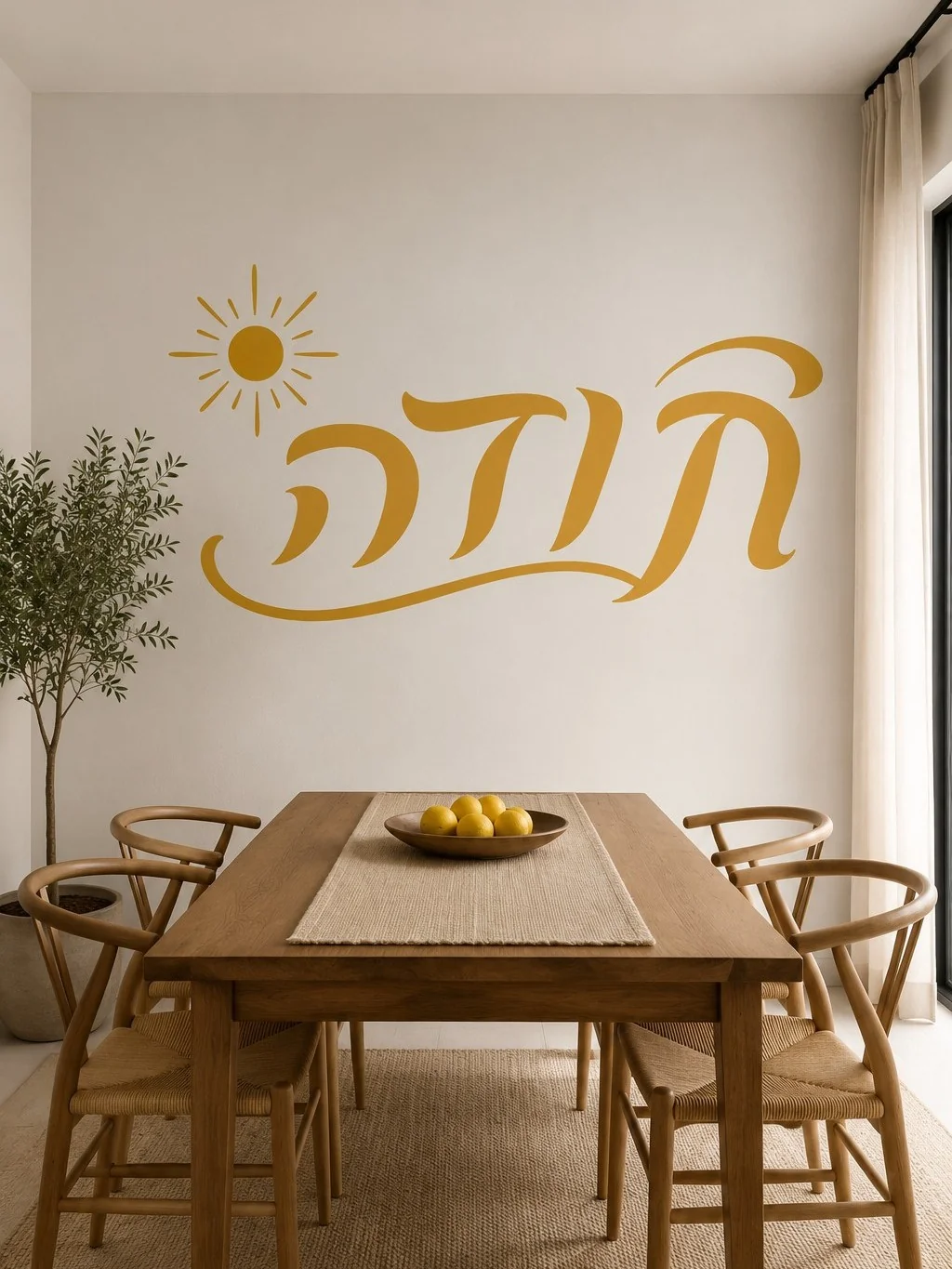 מדבקת שמש שחורה וטקסט עברי על קיר בחדר עבודה עם שולחן עץ ומנורת רצפה לבנה