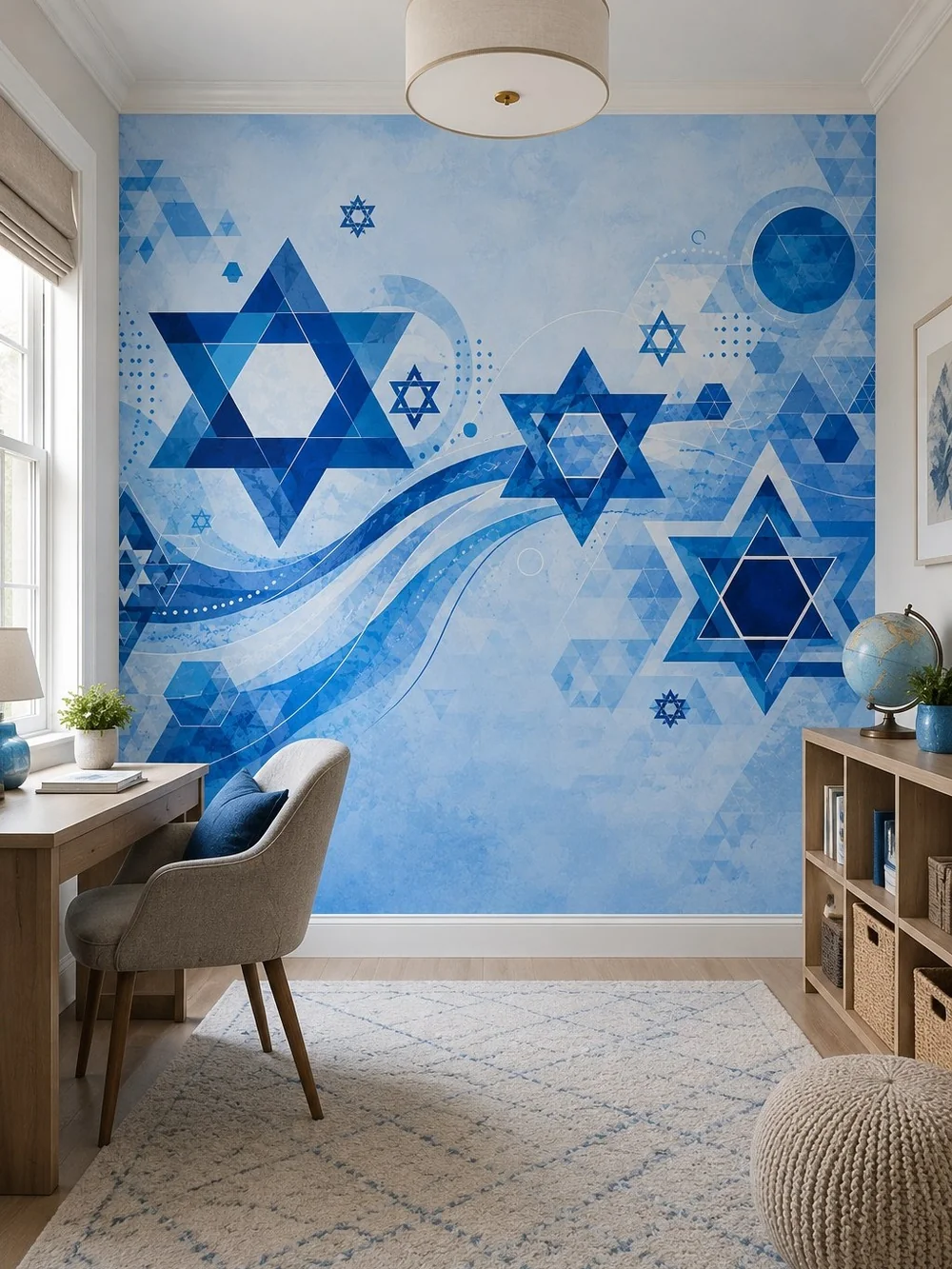 טפט עם מוטיבי מגן דוד על קיר בחדר מודרני עם ריהוט בקווים נקיים ואור טבעי