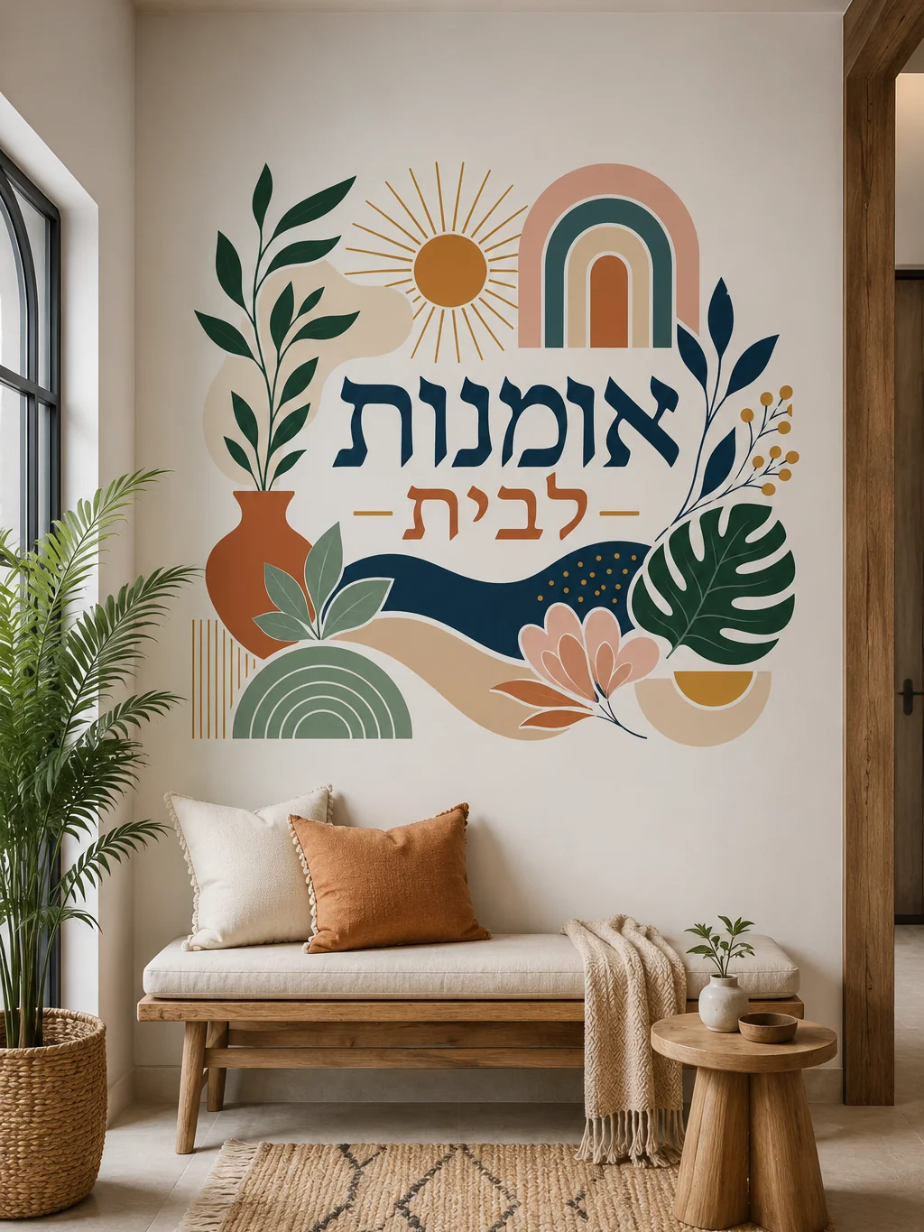 מדבקה עם עיצוב בוטני גאומטרי מופשט על קיר בסלון עם ריהוט מינימליסטי בצבעים ניטרליים