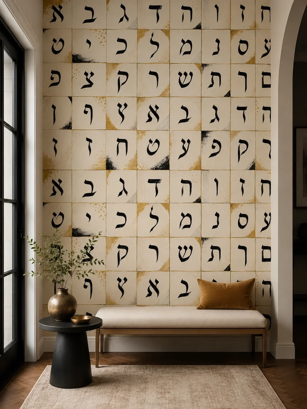 טפט אותיות עבריות בכתב קליגרפי על קיר בסלון עם ספה מודרנית ותאורה רכה.
