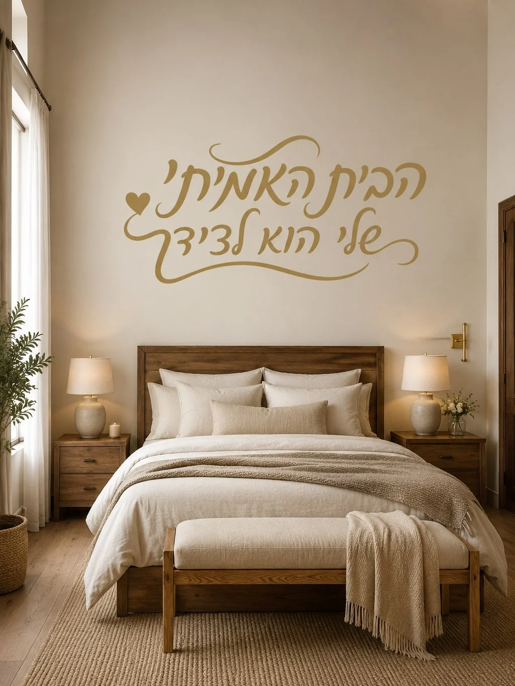 מדבקה עם קליגרפיה עברית ולב קטן על קיר בחדר עבודה, לצד שולחן עץ ומנורת קריאה.