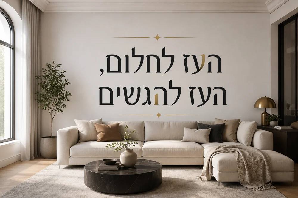 טפט עם ציטוט השראה בעברית על קיר בסלון מודרני עם רהיטים בגווני אפור ולבן.