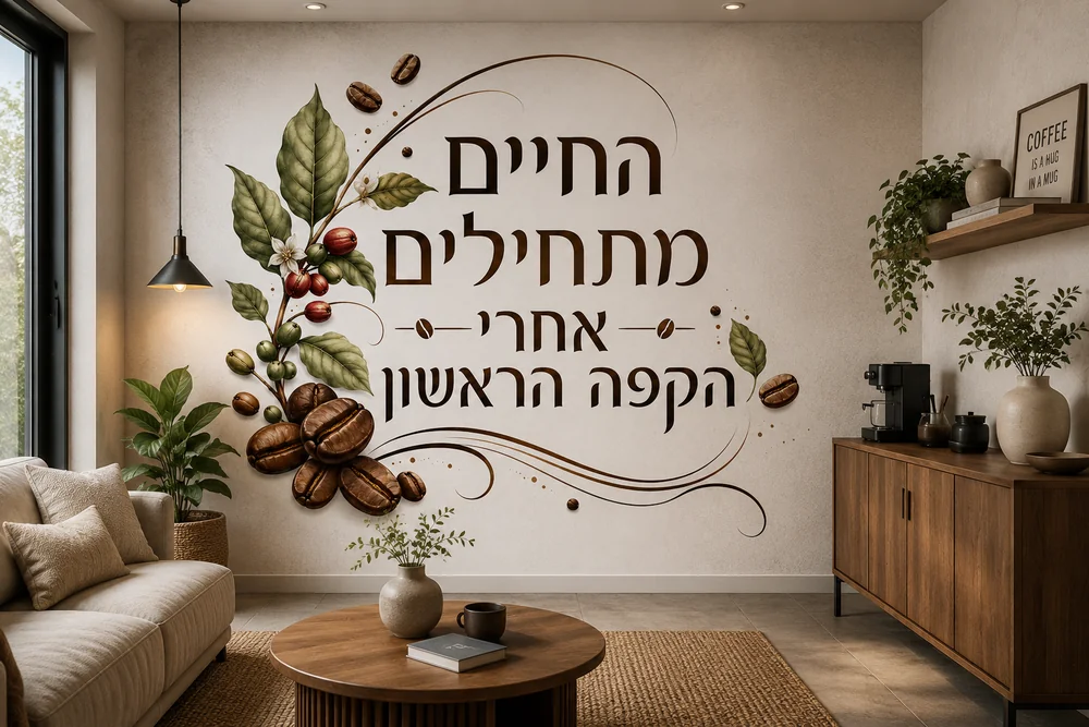 טפט פולי קפה עם ציטוט עברי על קיר במטבח מודרני עם תאורה חמה