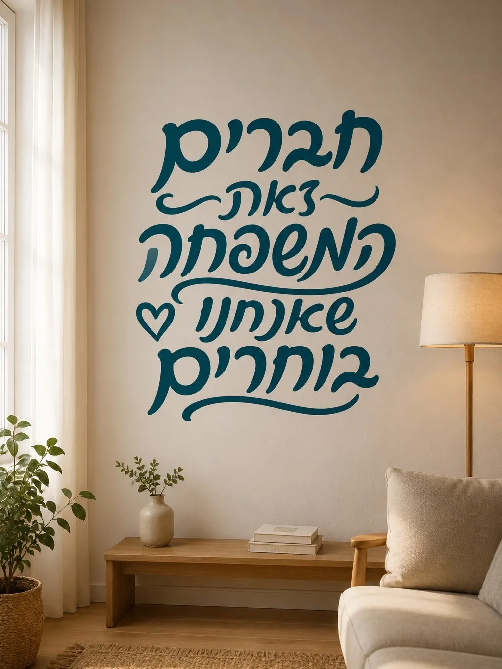 מדבקה עם קליגרפיה עברית על קיר בחדר מודרני עם תאורה רכה ושידה מעץ טבעי.