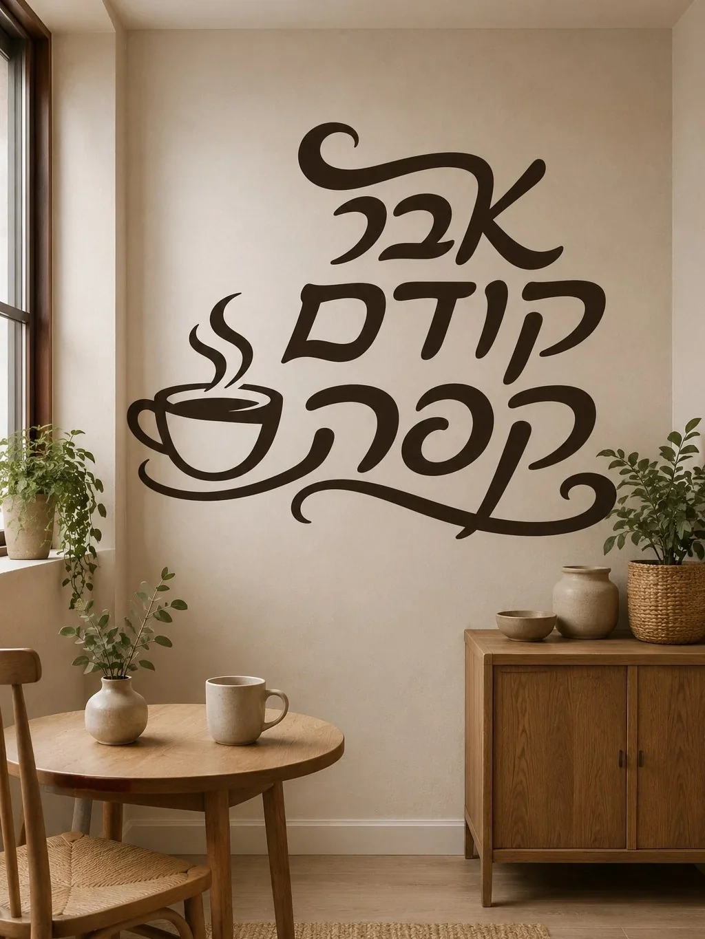 מדבקת טקסט עברי וכוס קפה על קיר במטבח מודרני עם שולחן עץ וכיסאות ברזל.