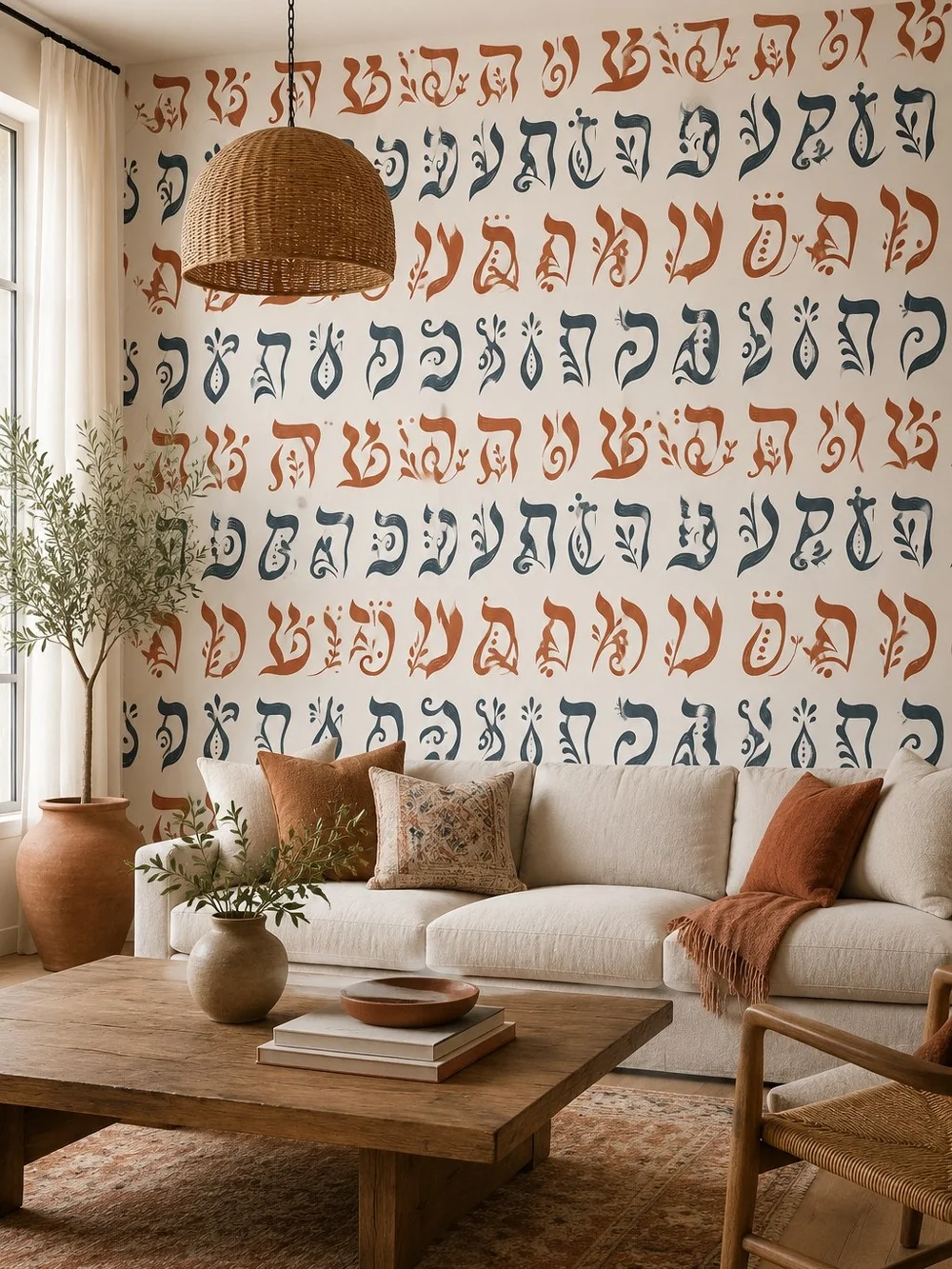 טפט עם אותיות עבריות על קיר בחדר עבודה עם שולחן עץ וכיסא מתכת מודרני.