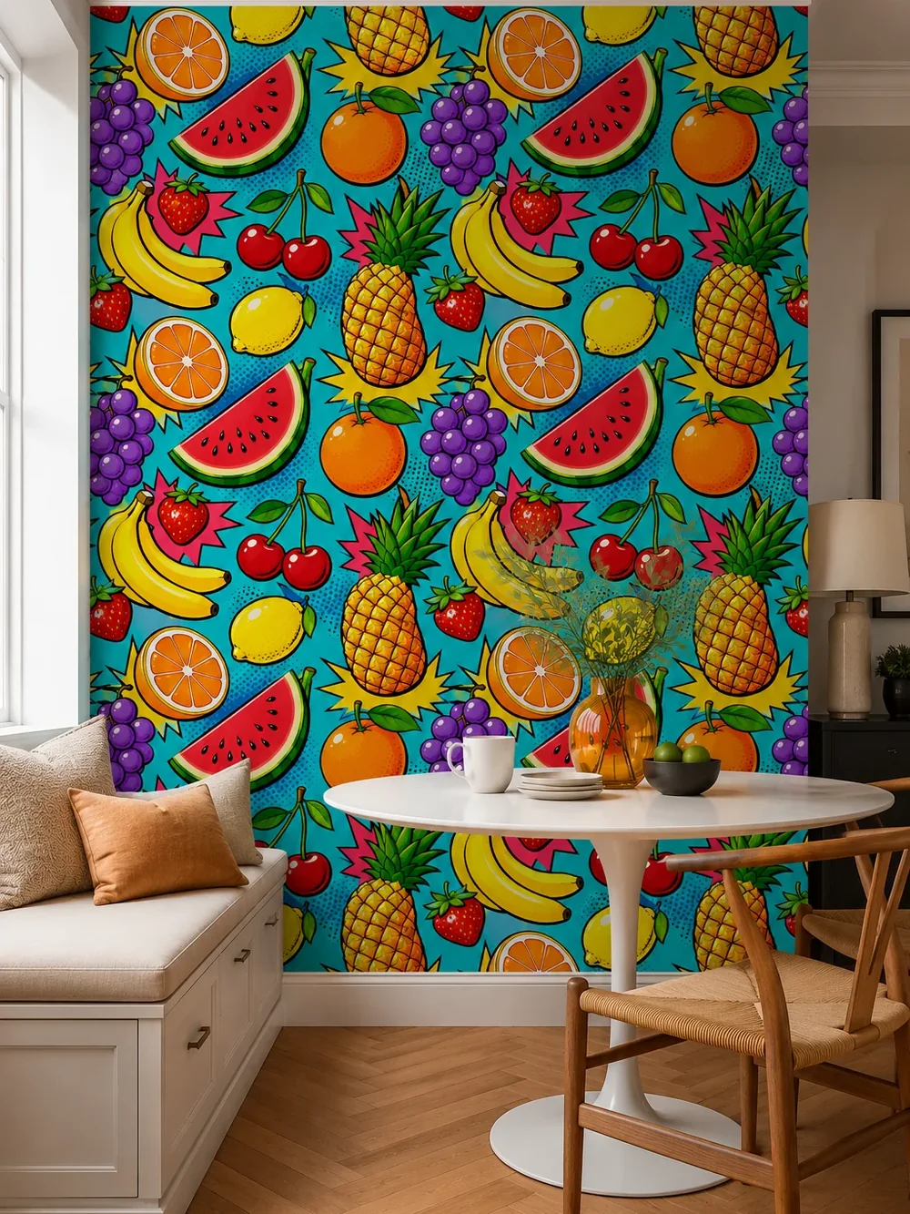 טפט פירות פופ-ארט על קיר בחדר מגורים עם ספה אפורה ושולחן זכוכית מודרני.
