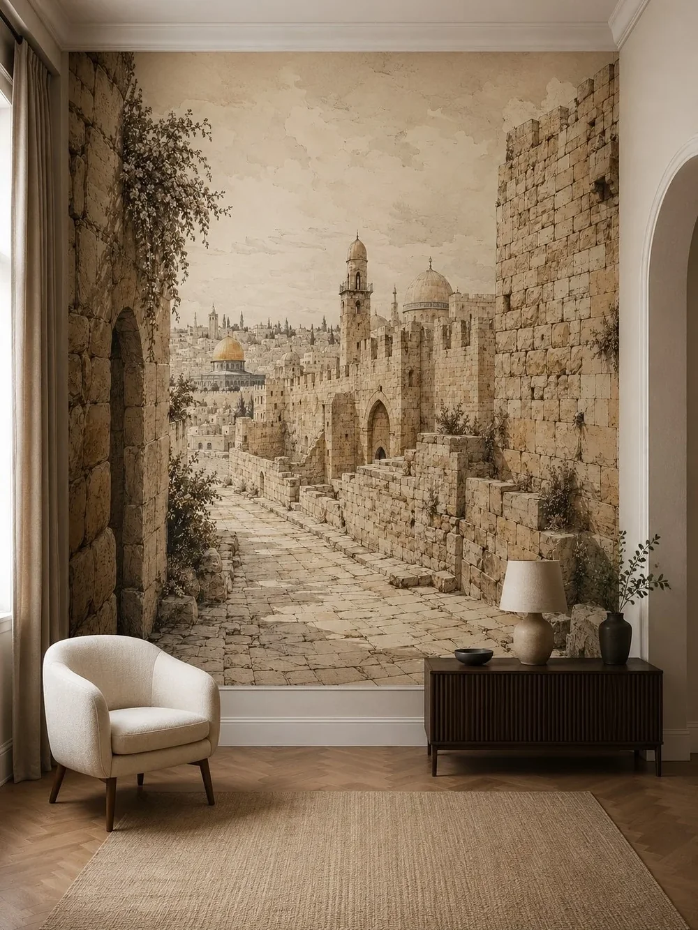 טפט נוף עירוני מאבן עתיקה על קיר בחדר עבודה עם ריהוט עץ ותאורה רכה