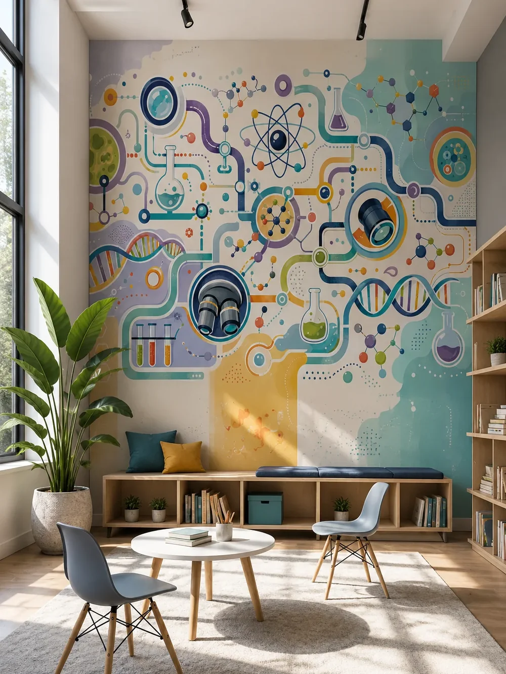 טפט מדעי עם אלמנטים של DNA ומיקרוסקופ על קיר בחדר עבודה עם שולחן עץ ומנורת קריאה.