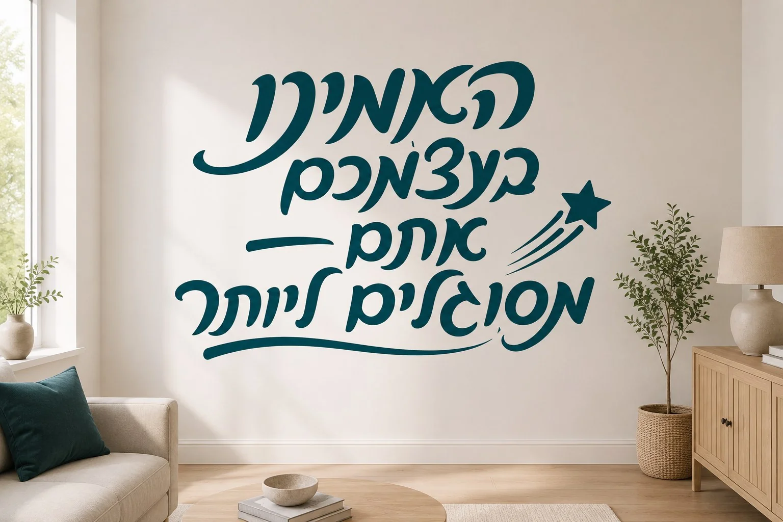 מדבקת טקסט עברי בולט עם כוכב נופל על קיר בחדר מודרני עם רהיטים בהירים ותאורה רכה