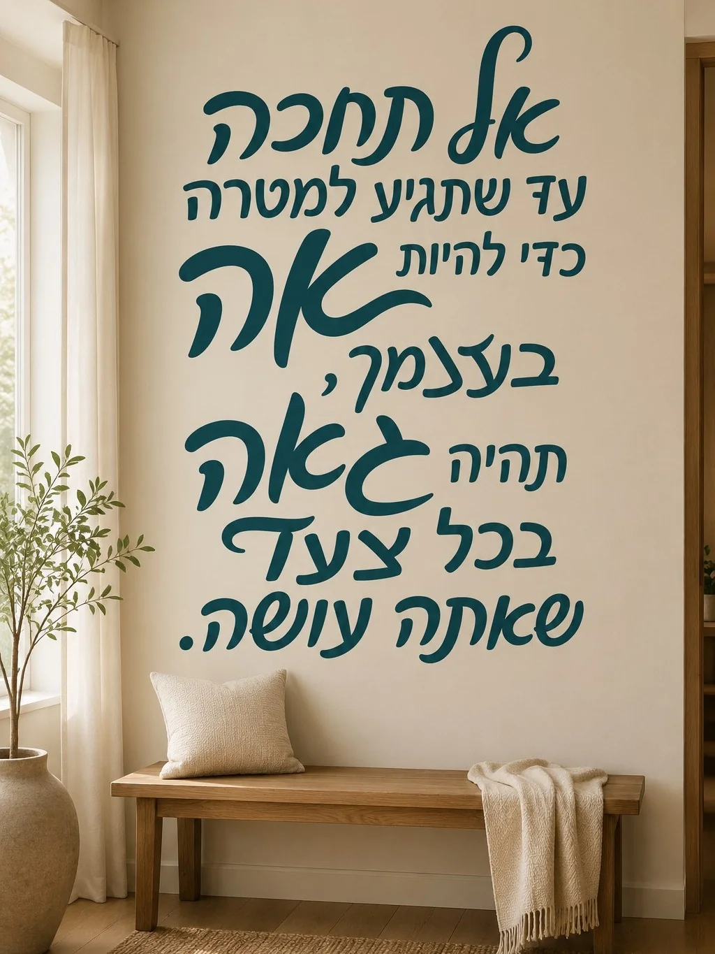 מדבקת קליגרפיה עברית על קיר בחדר עבודה עם שולחן עץ וגוף תאורה מודרני