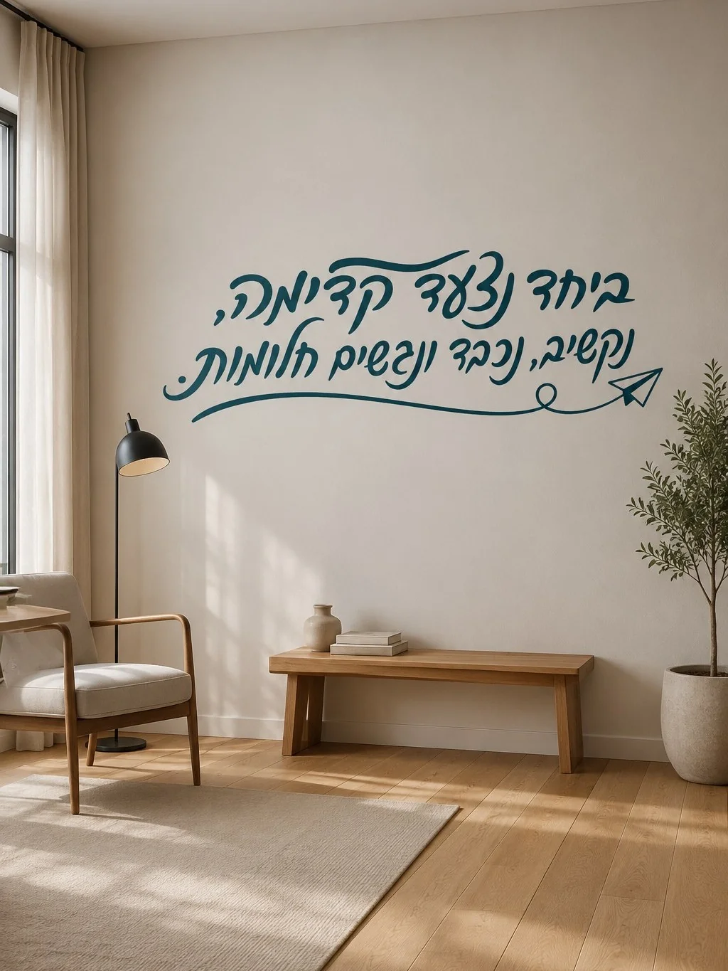 מדבקת קליגרפיה עברית על קיר לבן בחדר עבודה עם שולחן עץ וכיסא מודרני