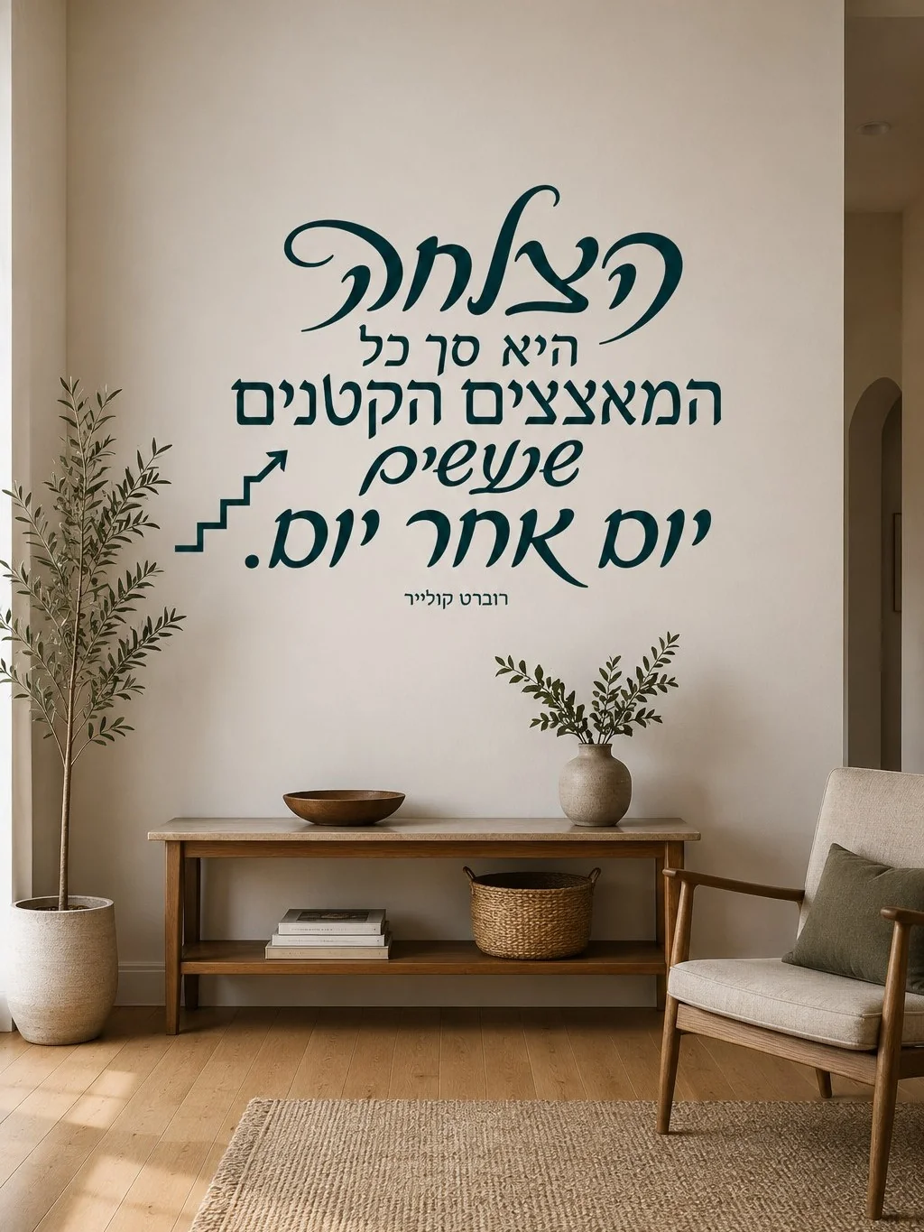 מדבקה עם טקסט עברי וחץ שחור על קיר במשרד מודרני עם שולחן זכוכית וכיסאות תואמים.
