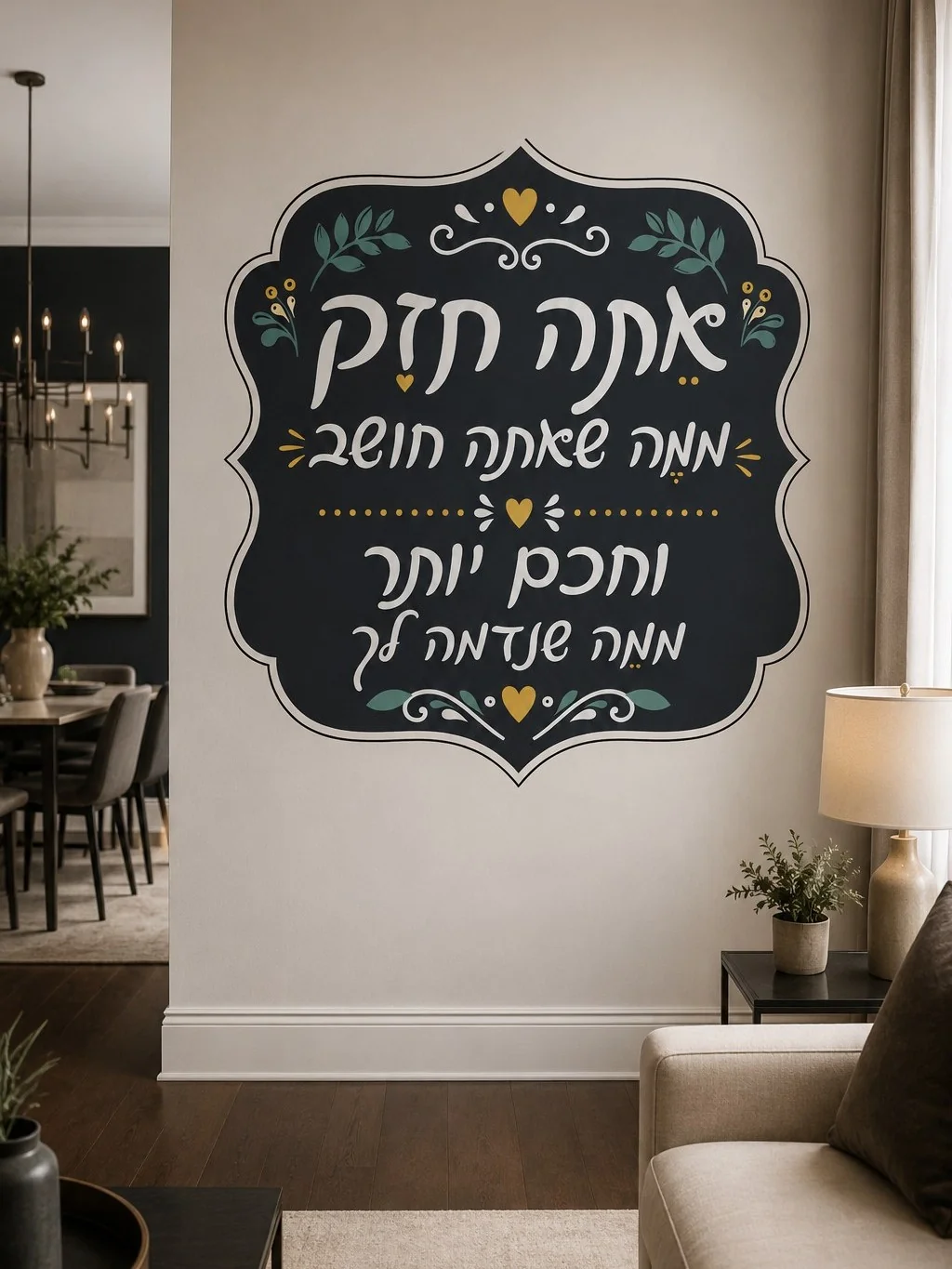 מדבקה עם טקסט עברי דקורטיבי על קיר בסלון מודרני עם כורסאות ירוקות ותאורה רכה