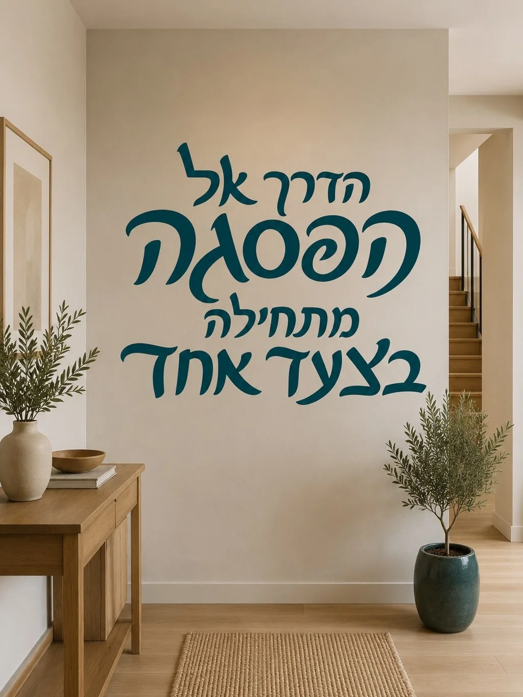 מדבקת טקסט עברי בולט בצבע שחור על קיר חדר עם תאורה רכה וריהוט מינימליסטי