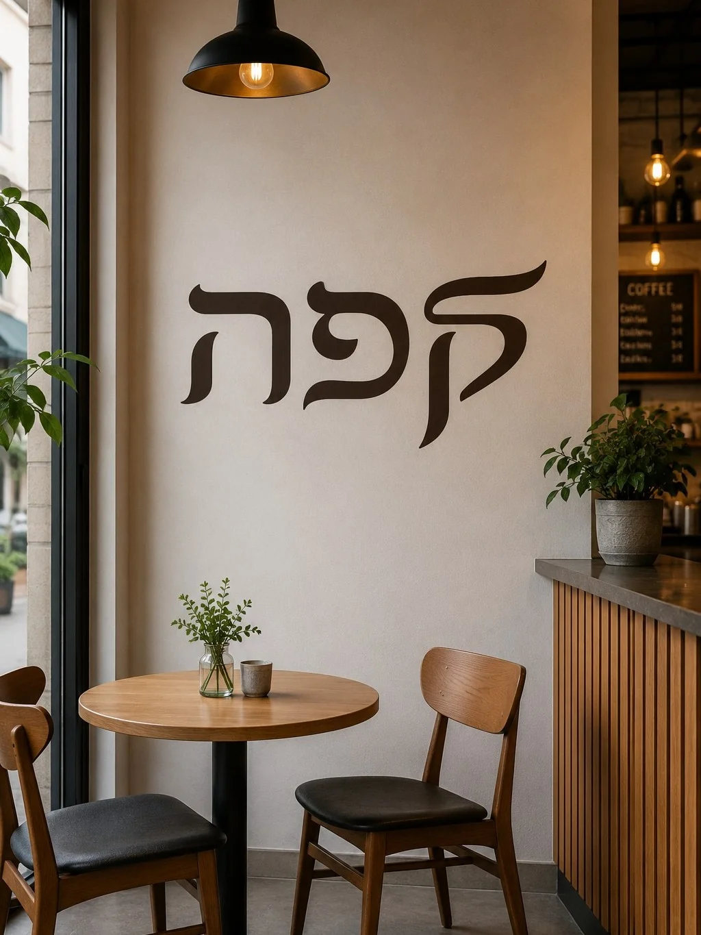 מדבקת אותיות עבריות על קיר בחדר מגורים עם כורסה אפורה ותאורה טבעית.