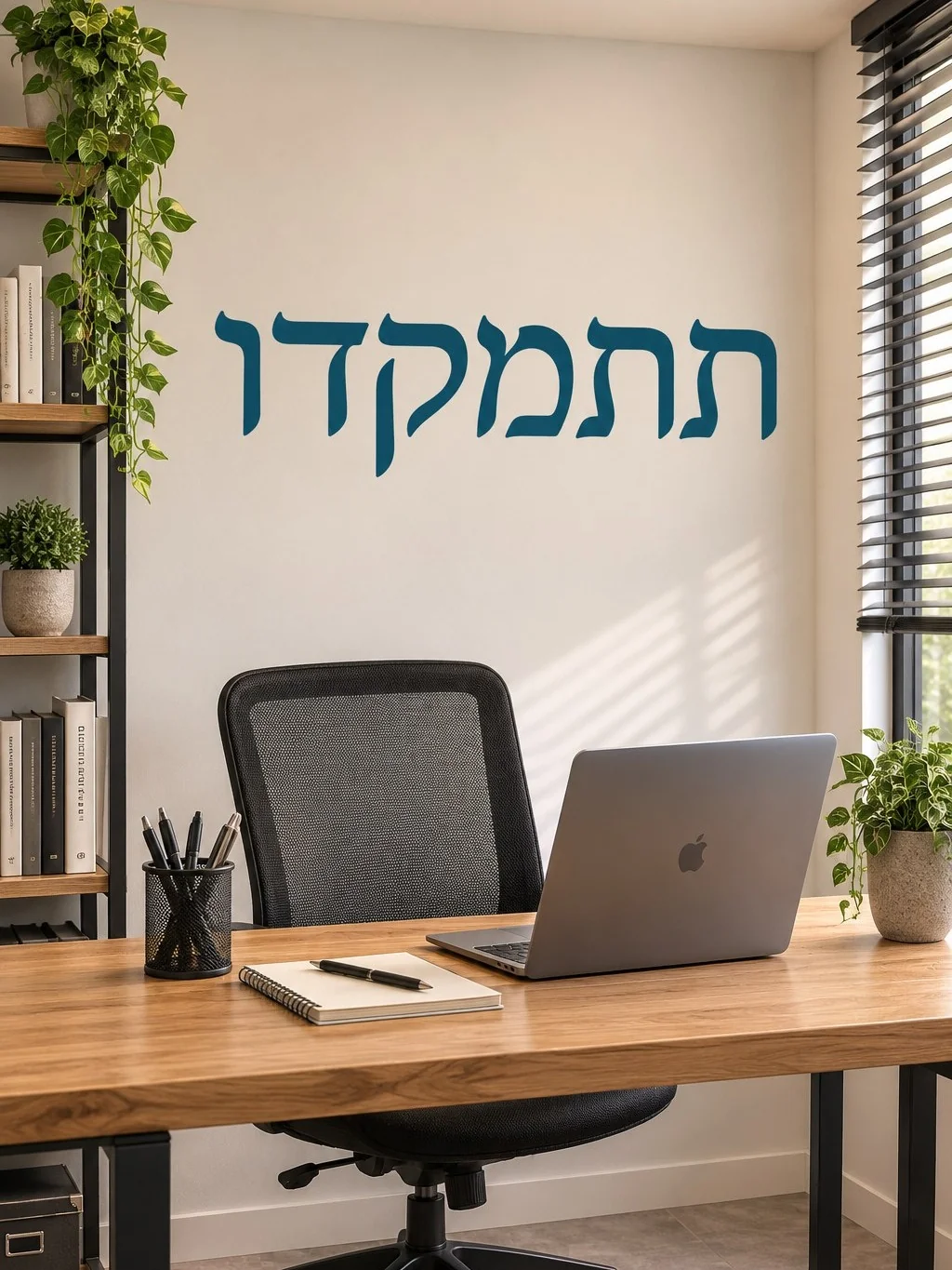 מדבקת טקסט עברי בשחור על קיר לבן בחדר מודרני עם רהיטים בגווני עץ טבעיים ותאורה עדינה.
