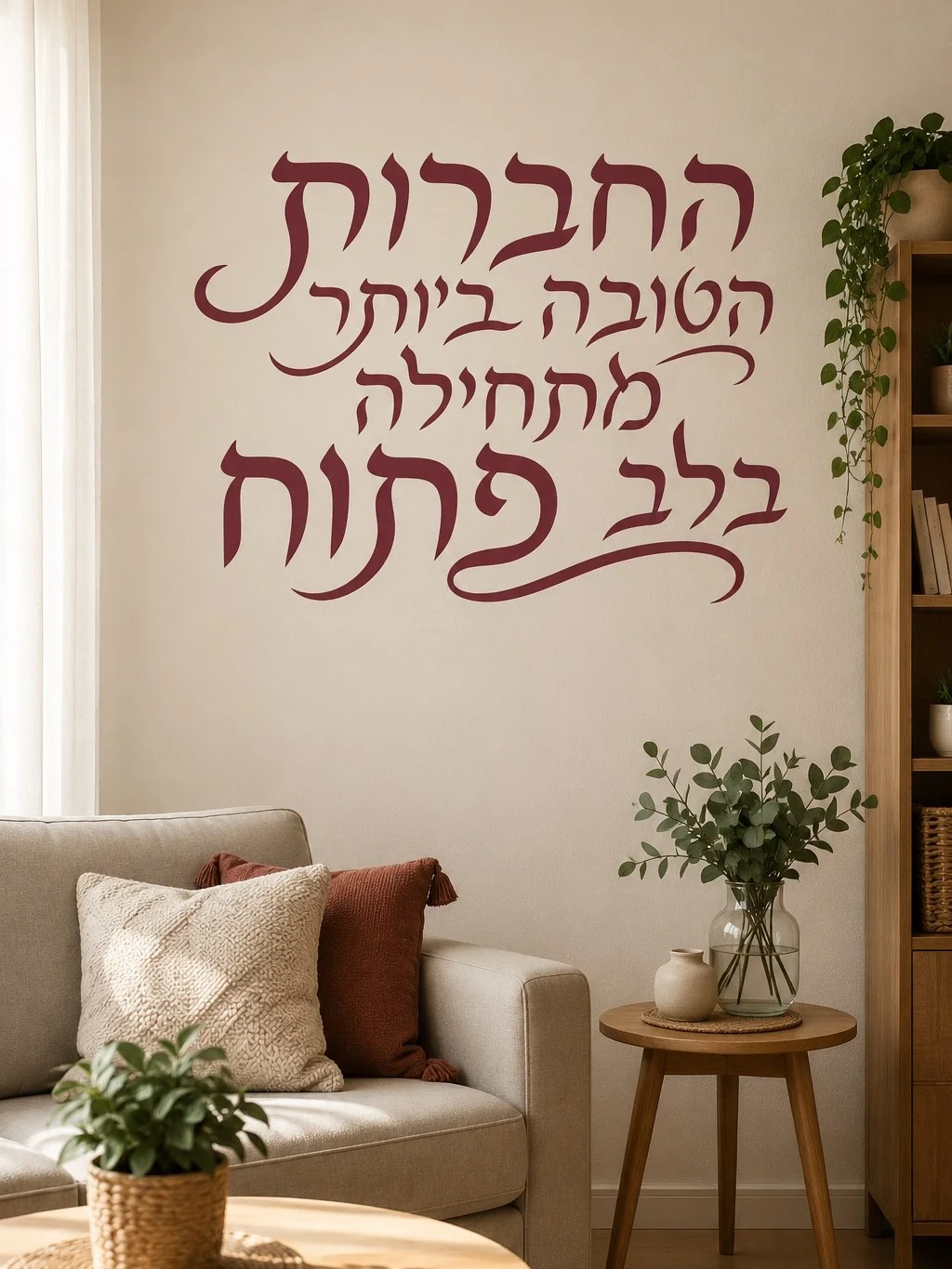 מדבקת קליגרפיה עברית בשחור על קיר לבן, עם שולחן עץ וספרים ברקע.