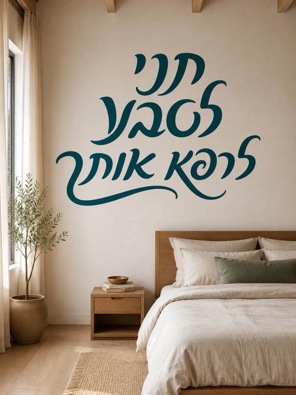 מדבקת קליגרפיה עברית על קיר בחדר עבודה עם שולחן עץ ומנורת קריאה מודרנית.