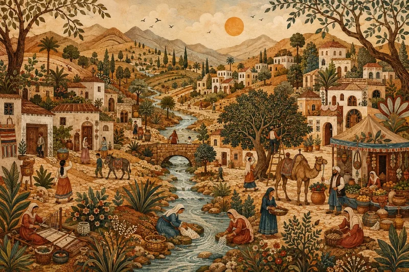 סצנת כפר תוססת עם אנשים ונהר, בצבעי אדמה ירוקים וכחולים, בסגנון עשיר ומפורט