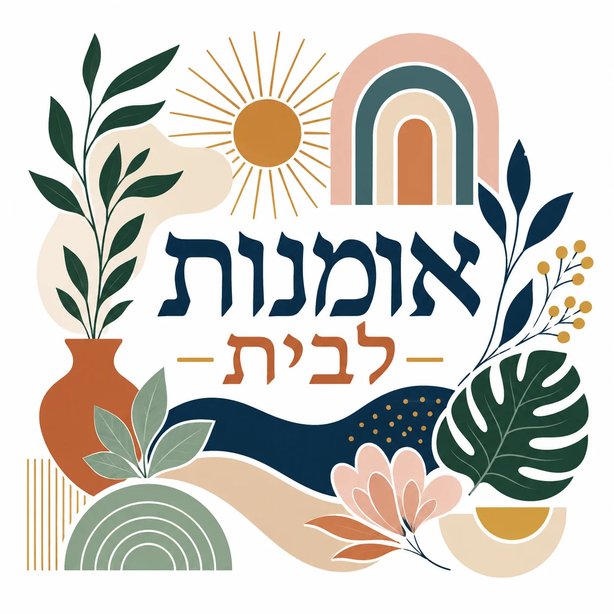 מדבקה עם אלמנטים בוטניים מופשטים וצורות גיאומטריות בצבעים ירוק, כתום, ורוד וכחול כהה