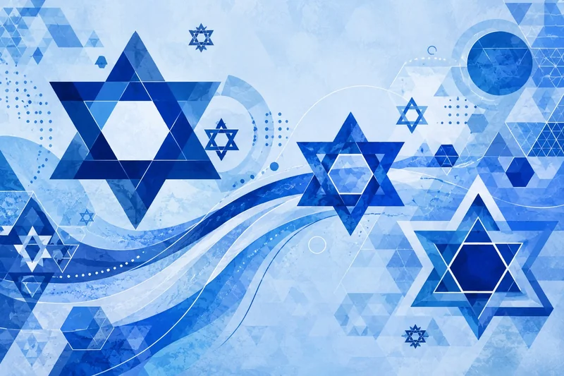 סמלי מגן דוד בגוונים של כחול על רקע גאומטרי מופשט וקווים זורמים