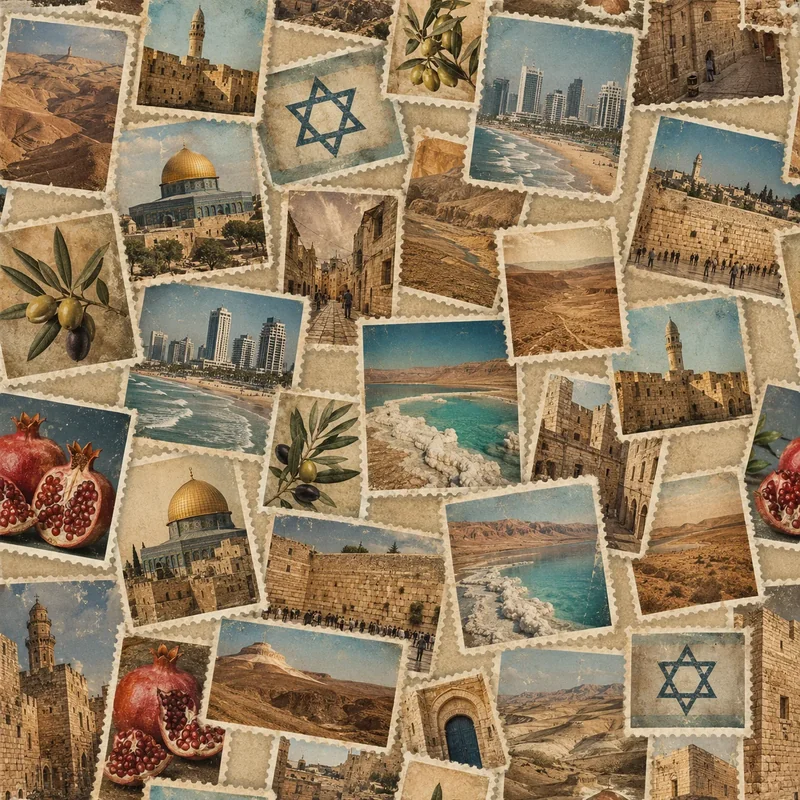 קולאז' גלויות וינטג' עם נופי מזרח תיכון, סמלים ופירות, בגוונים חום, כחול ואדום בסגנון ספיה.