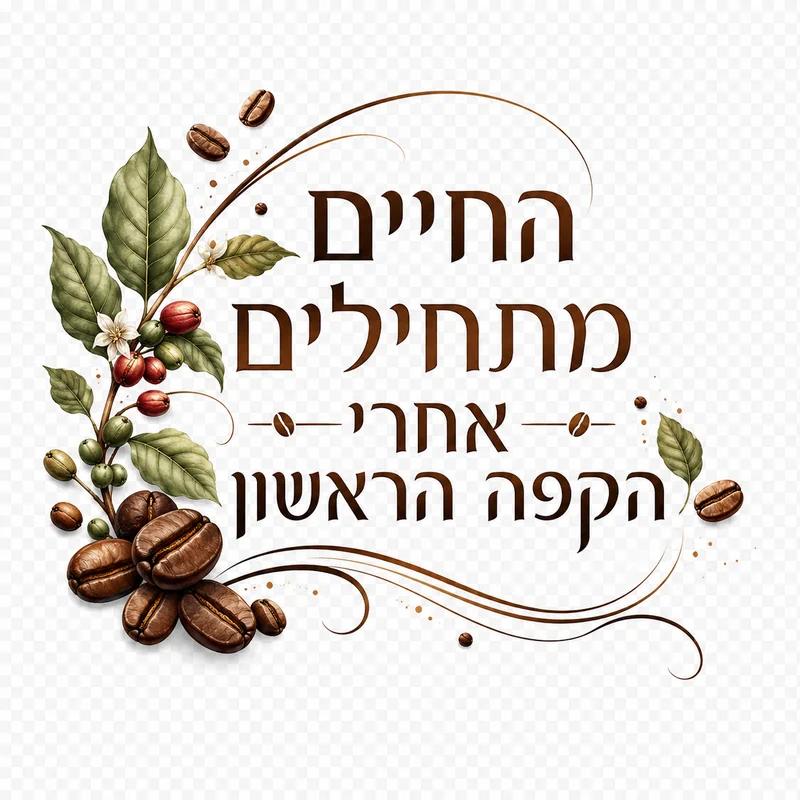 פולי קפה משתלבים בטקסט עברי בפונט מינימליסטי, גוונים טבעיים ואלגנטיים.