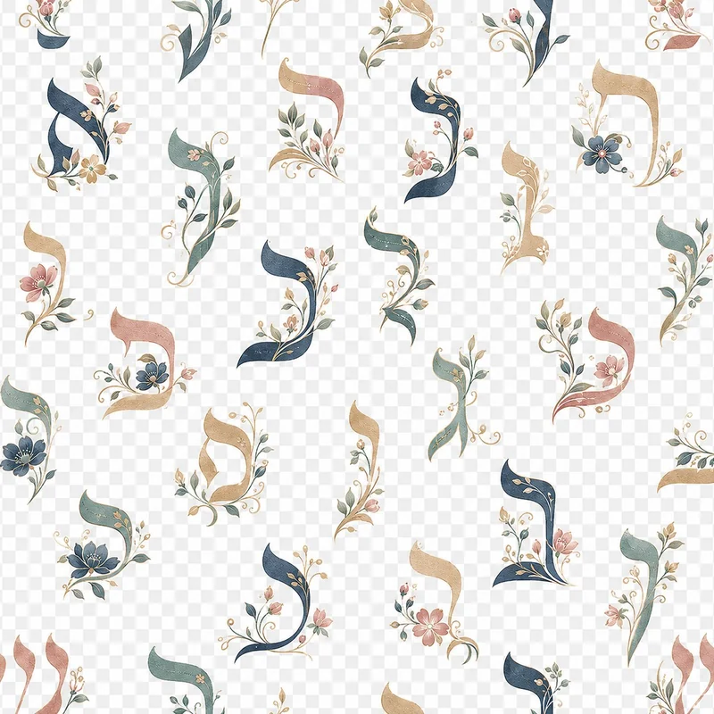 דוגמה חוזרת של אותיות עבריות עם מוטיבים פרחוניים עדינים, צבעים מעודנים וטקסטורה עדינה.