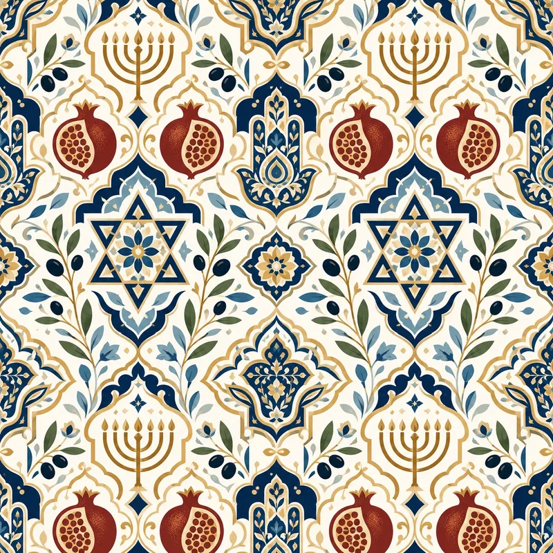 תבנית חוזרת של מגן דוד, מנורה ורימונים בצבעי כחול, זהב ואדום על רקע סימטרי ודקורטיבי.