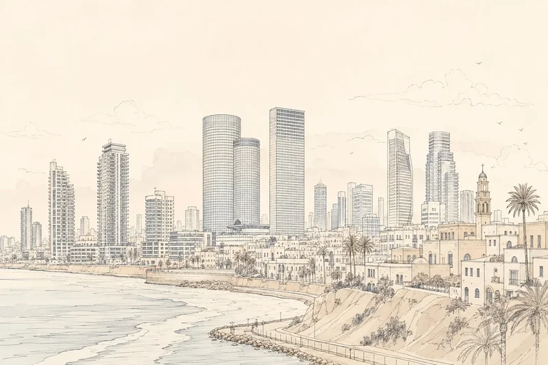 קו רקיע עירוני עם גורדי שחקים ומבנים היסטוריים, בצבעי בז' ואפור עם אפקט צבעי מים