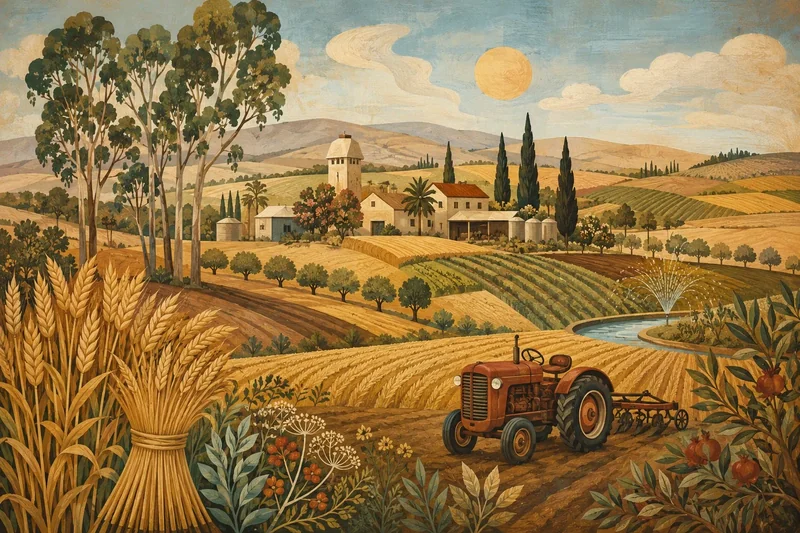 טרקטור אדום בשדה חקלאי עם בית חווה ברקע, בגווני חום, ירוק וכחול