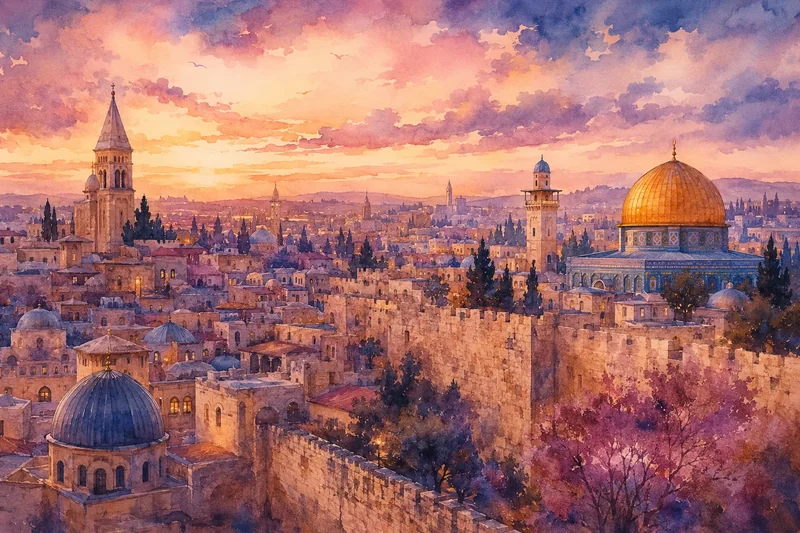 נוף עירוני עם כיפות ומגדלים, צבעי מים כתום, סגול וכחול