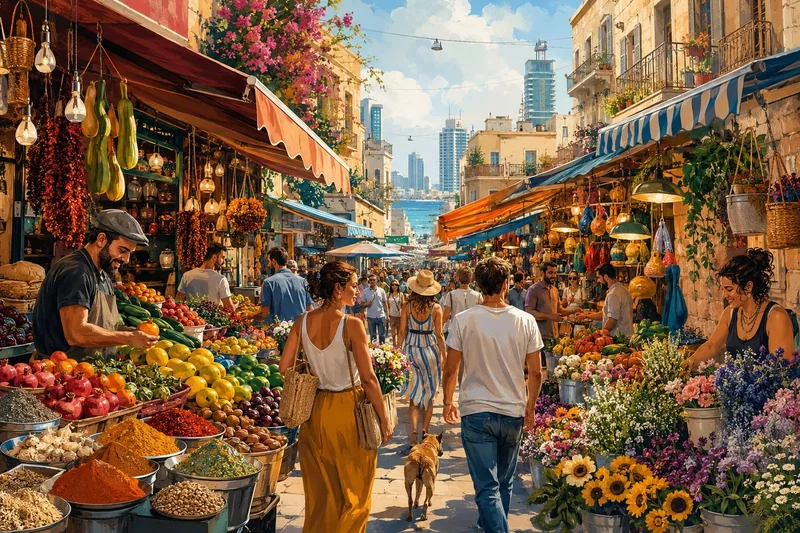 סצנה של שוק פתוח עם אנשים ודוכנים בגוונים של אדומים, צהובים וירוקים, סגנון ויזואלי עשיר ודינמי.