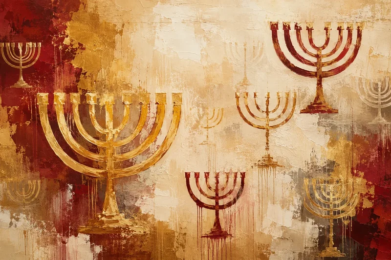 מנורות חנוכייה במראה מופשט בצבעי זהב, אדום ובז' עם טקסטורות עדינות