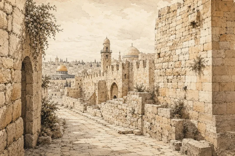 נוף עירוני עתיק מאבן עם חומות וכיפות, בגווני בז' וספיה בסגנון רישום